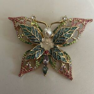 Napier Gold Tone Rhinestone Faux Pearl Enamel Butterfly Brooch Pin